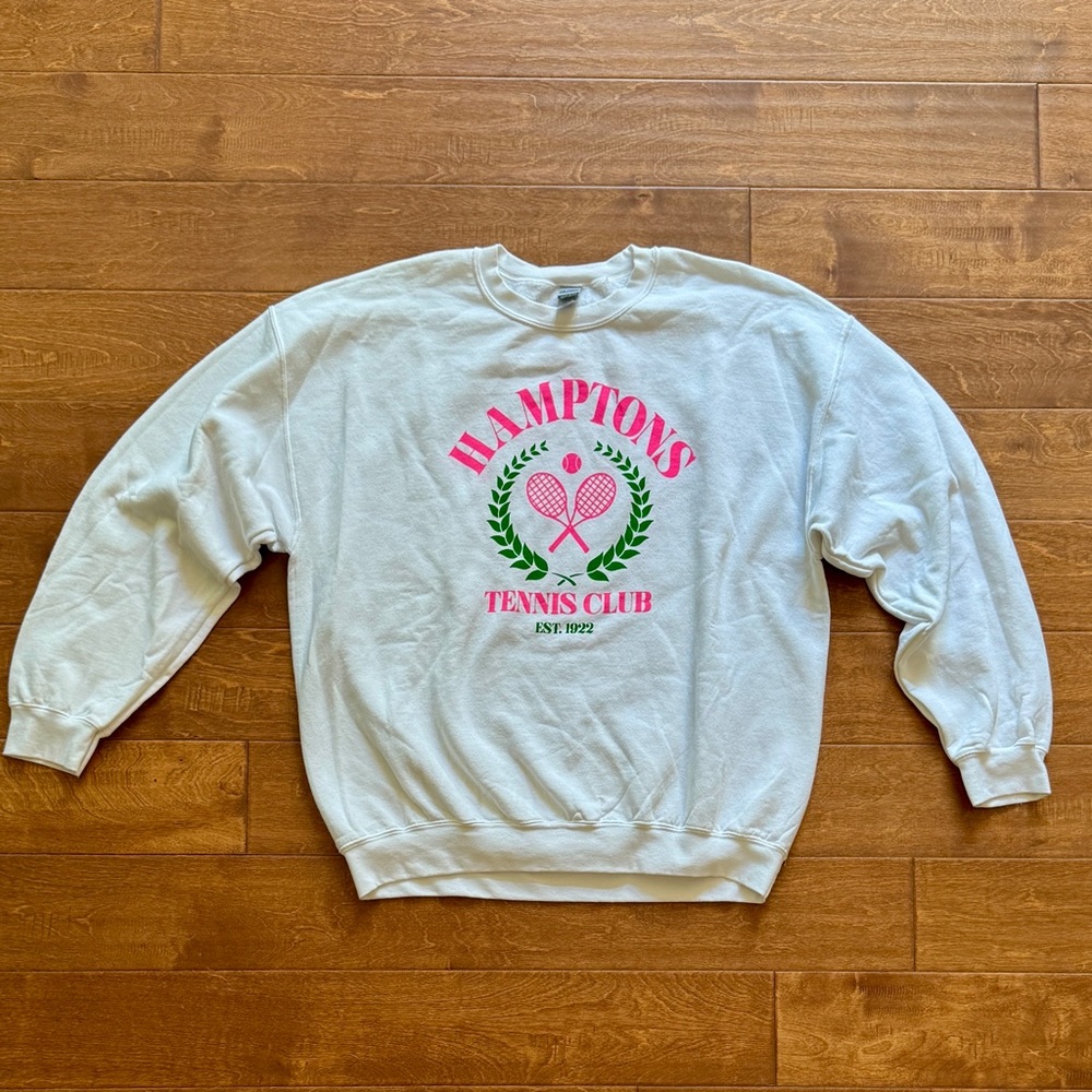 Gildan White Crew Neck Sweater with Pink and Green Design
